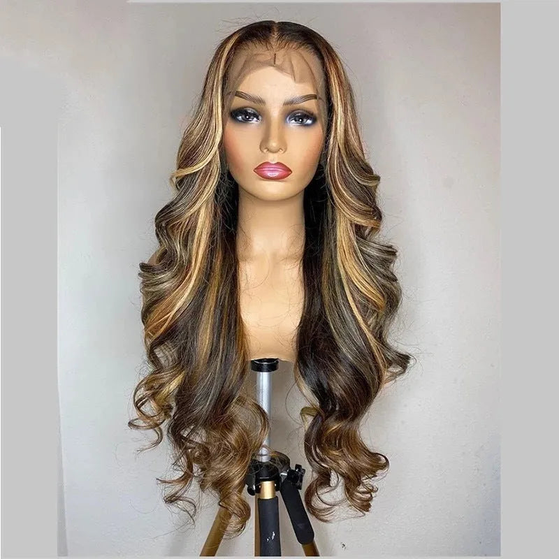 Front lace wig with gradient colour long curly synthetic hair and side bangs