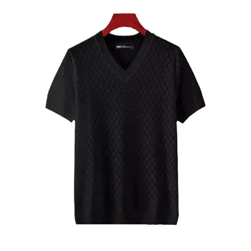 Men's ice silk cut-out T-shirt in black with V-neck design and short sleeves