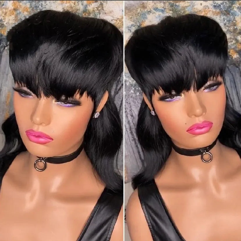 T7262 Black Brazilian synthetic wig with bangs and long hair, front short back long style.