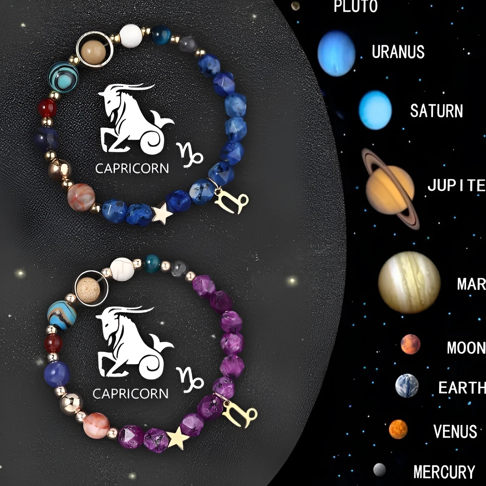 Two adjustable beaded bracelets with natural stone zodiac charms and metal accents on a wrist.