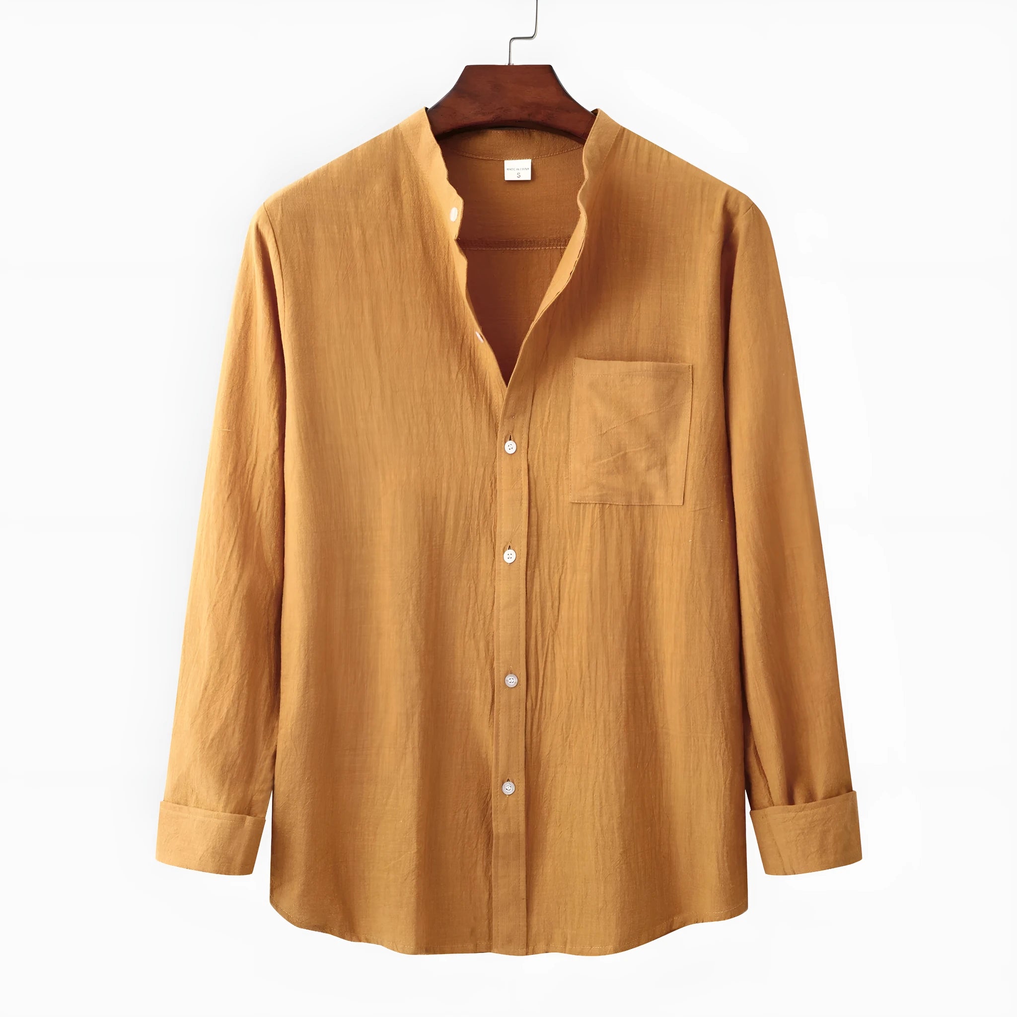 Men's brown cotton blend casual shirt and pants set with long sleeves showing size options