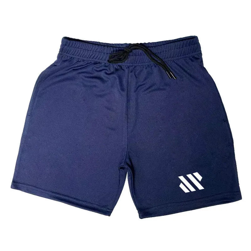 Men's loose black metal silk polyester sports shorts for running, laid flat.