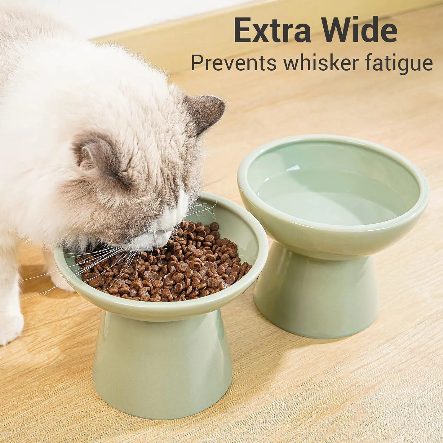 Blue ceramic elevated cat bowl with wide shallow dish and 12cm height for whisker-friendly feeding
