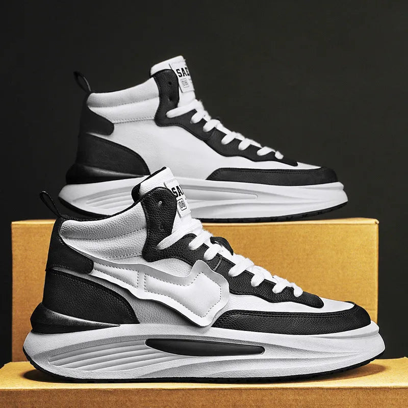 Men's black platform high-top board shoes with round toe and artificial PU upper