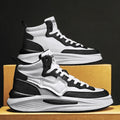 Men's black platform high-top board shoes with round toe and artificial PU upper