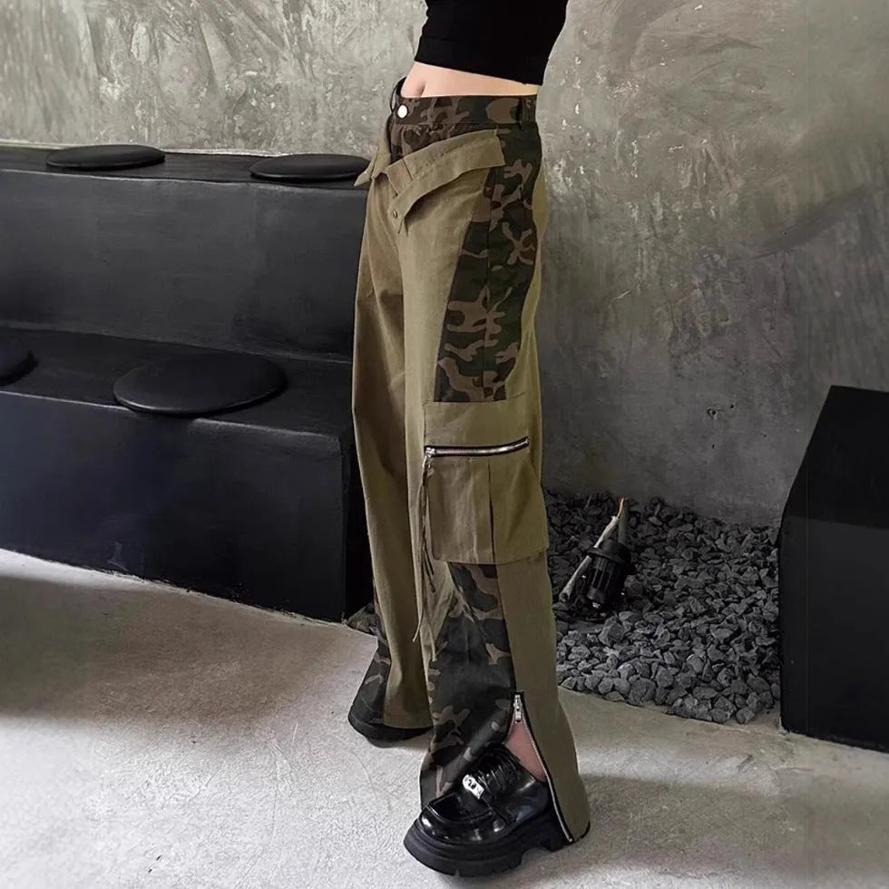 Women's dark khaki leopard print high-waist jeans with tooling style stitching and straight leg