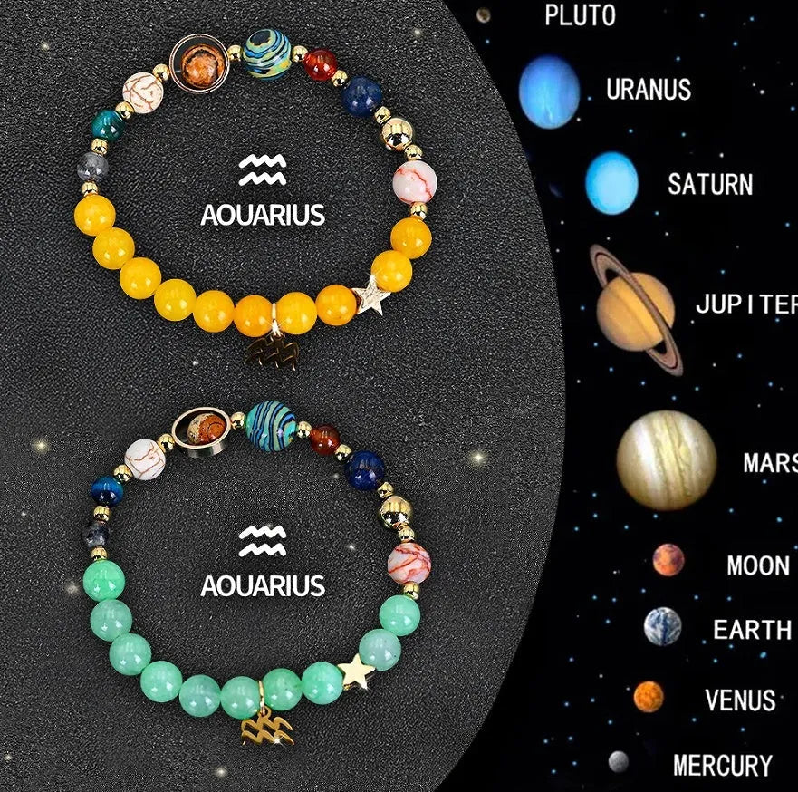 Two natural stone beaded bracelets with Chinese zodiac animal charms on an adjustable cord.