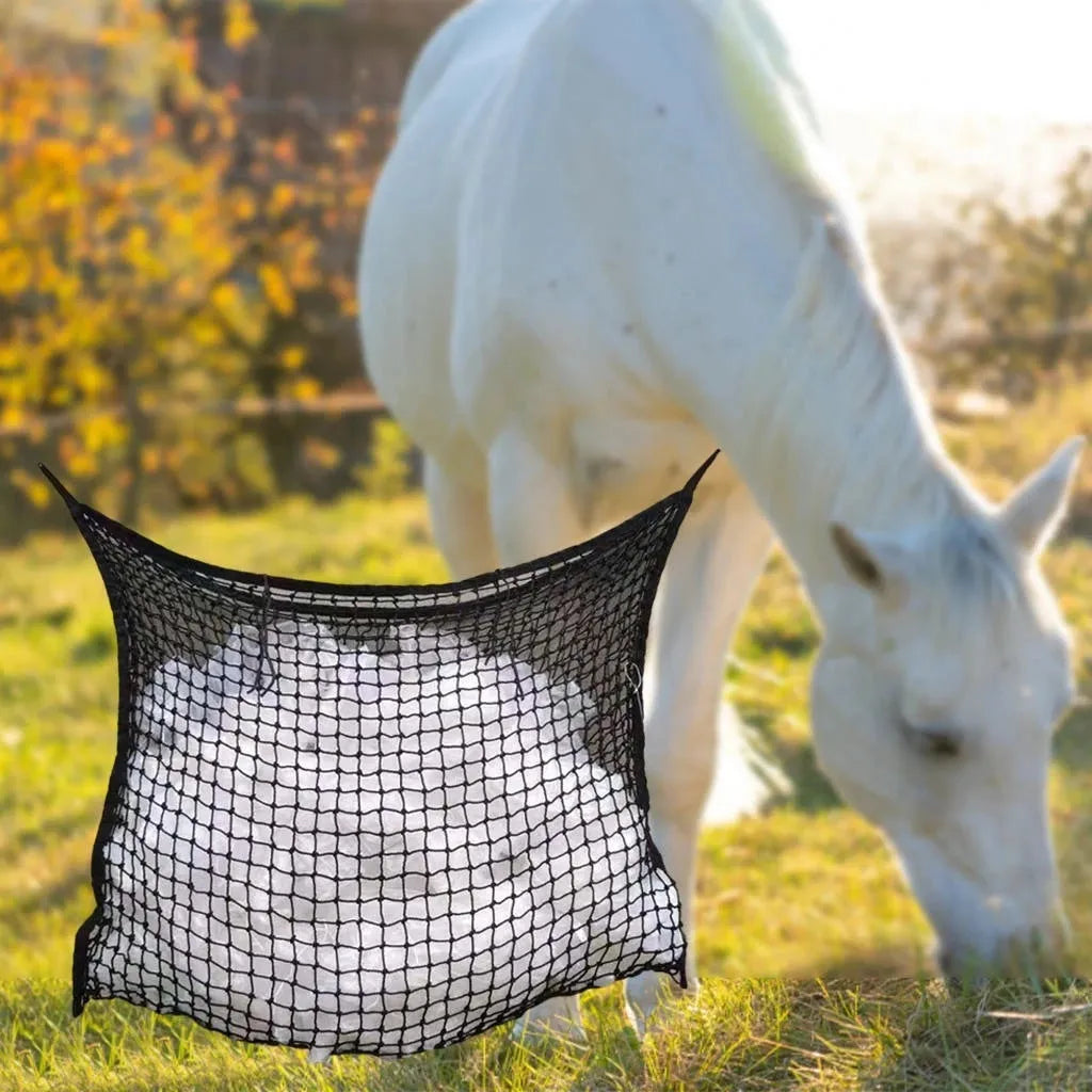 Woven PE rope horse hanging feeding bag in black or white for cattle and sheep