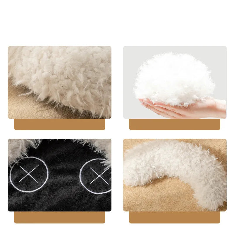 Round fluffy faux wool cat bed in winter warm style, available in sizes L, M, S for indoor cats.