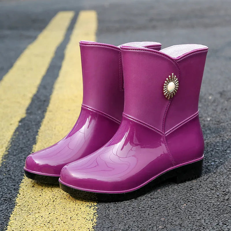 Women's mid-calf rain boot in beige with a non-slip sole and thickened lining.