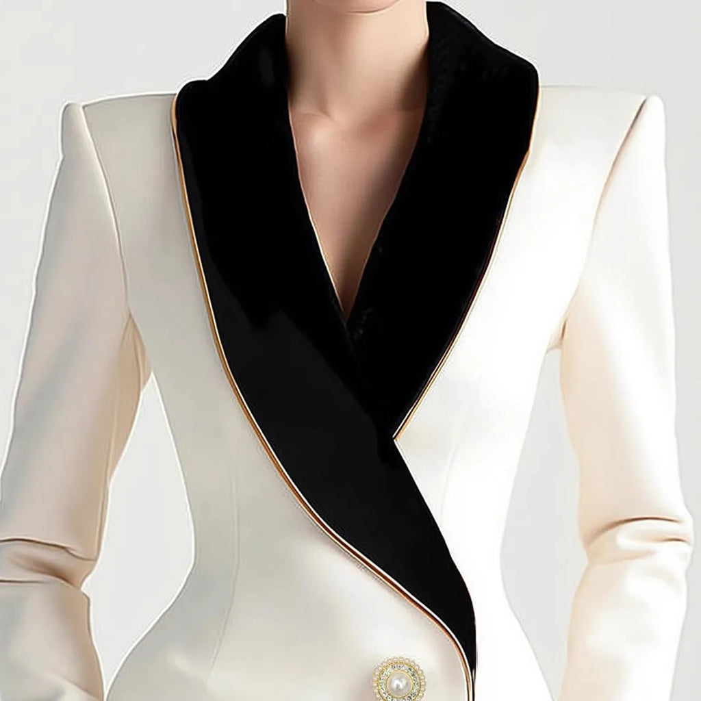 Beige women's irregular design long sleeve coat with golden edge pearl buttons on the front.