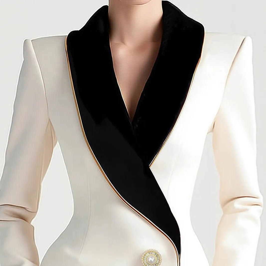 Beige women's irregular design long sleeve coat with golden edge pearl buttons on the front.