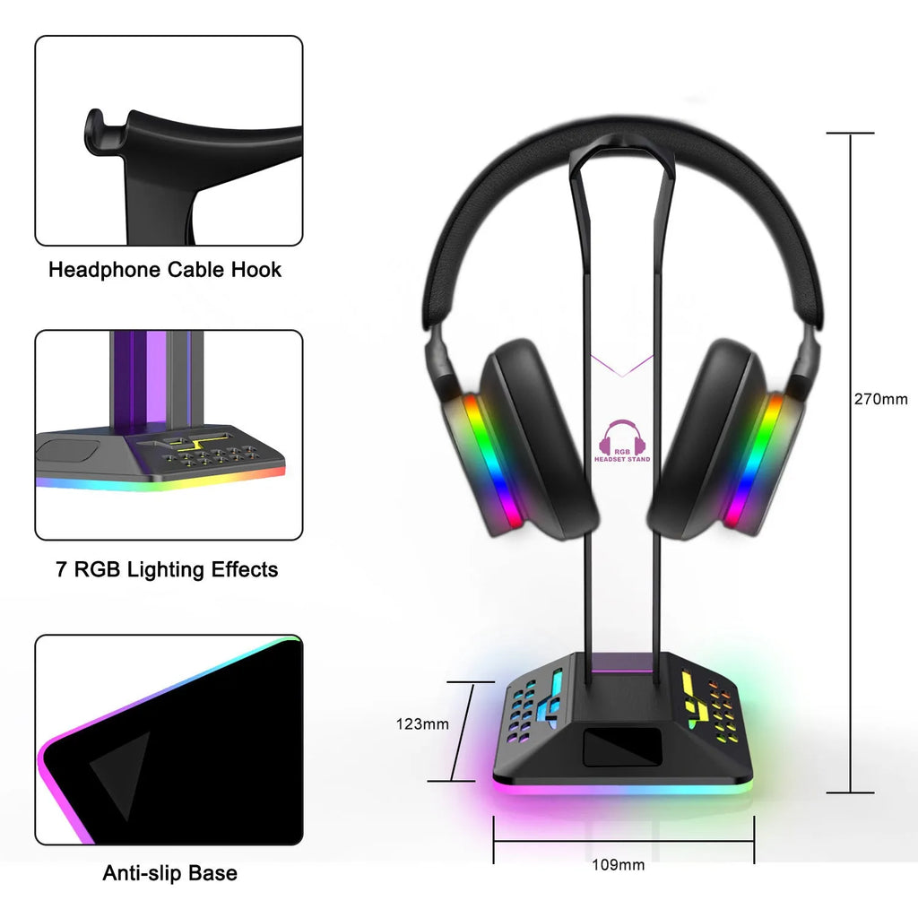 RGB colour changing headset bracket with dual USB ports and headphone holder