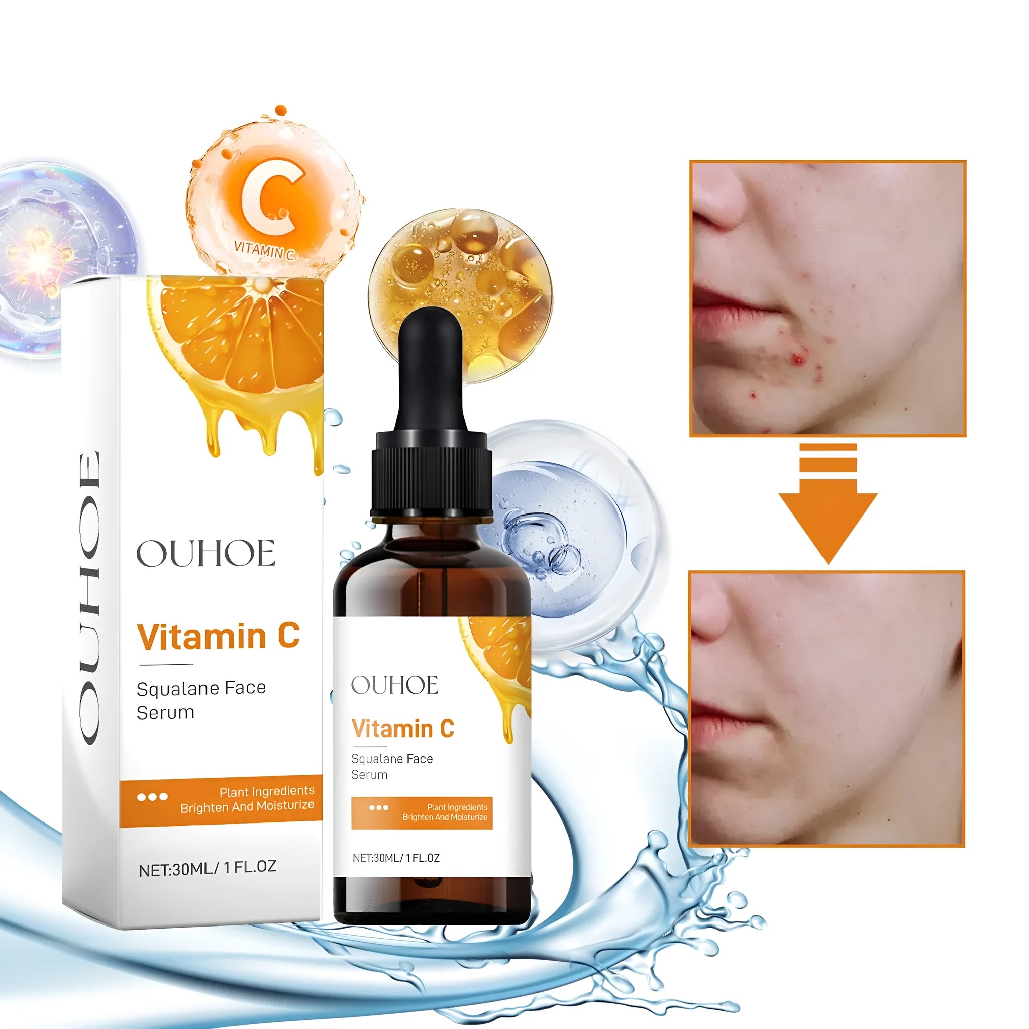 Squalane face serum in a PET bottle with vitamin C, hyaluronic acid, collagen for hydration, 3x3x10.5cm