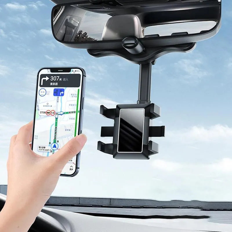 Black rearview mirror phone holder showing 360-degree rotation and telescopic arm extension