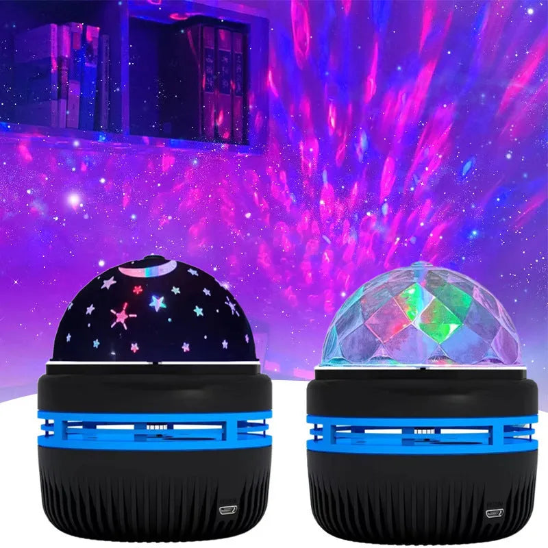 Mini crystal magic ball projector showing starry sky projection effects with USB cable
