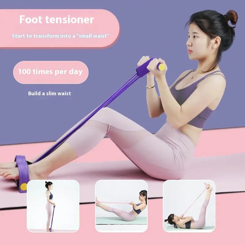 Yoga four piece fitness set showing leg beauty device, yoga ring, pedal tension device and figure eight tension rope