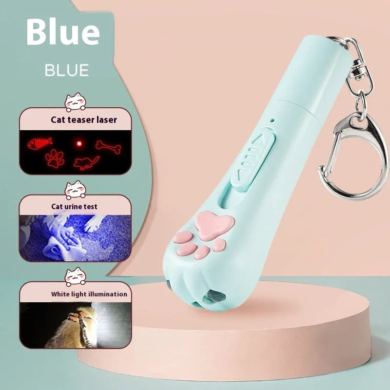 USB rechargeable cat laser pen toy in cream white, pink, and sky blue colours