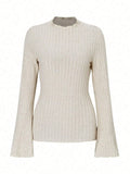 Long sleeve round neck top in brushed polyester with lantern sleeves and sunken stripe pattern
