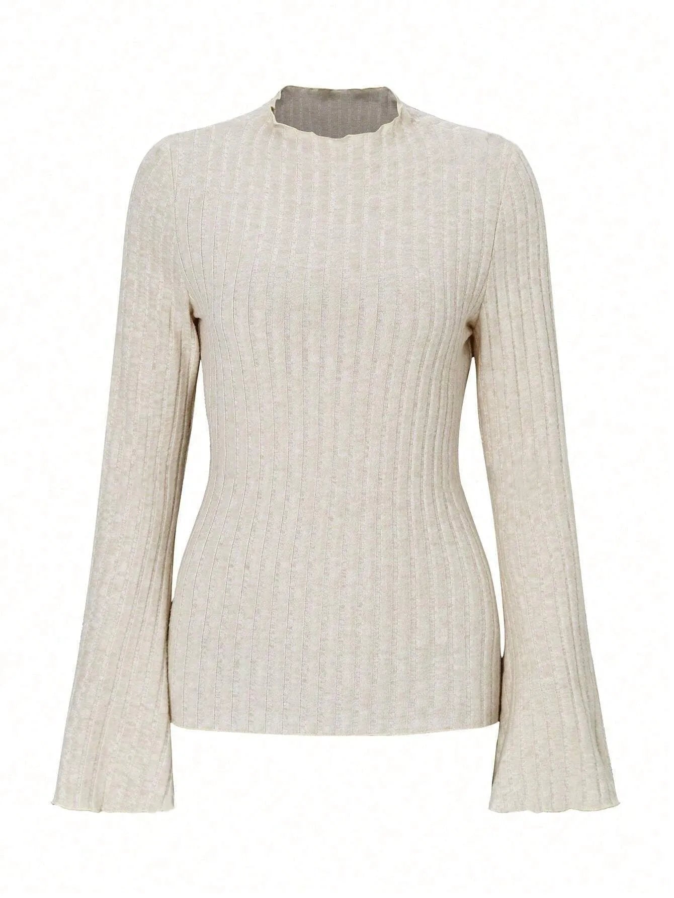 Long sleeve round neck top in brushed polyester with lantern sleeves and sunken stripe pattern