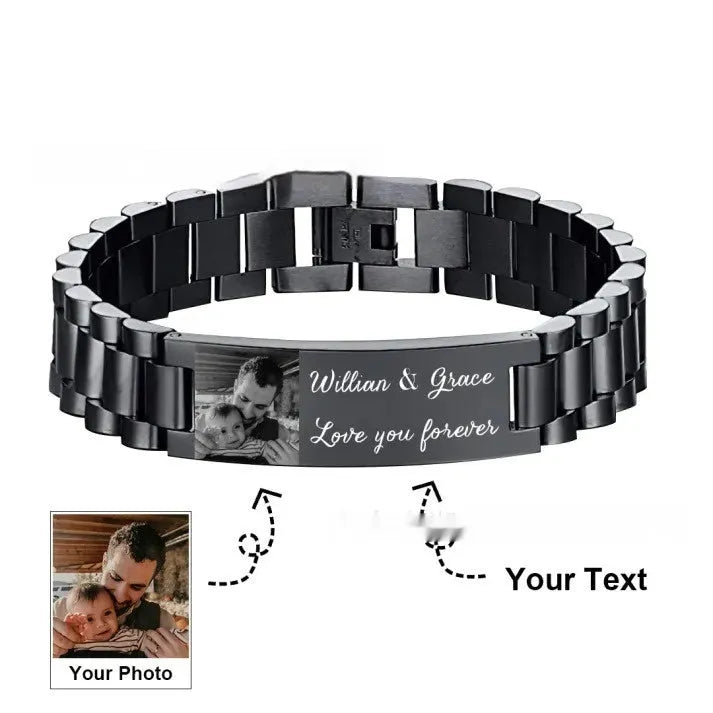 Titanium steel bracelet with curved heart shape design and black lettering