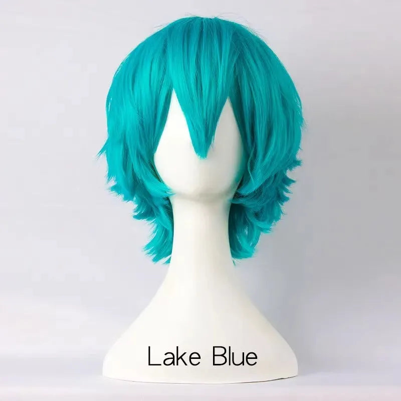 A short hairstyle Anime cosplay wig for men on a stand, shown in a vibrant colour.