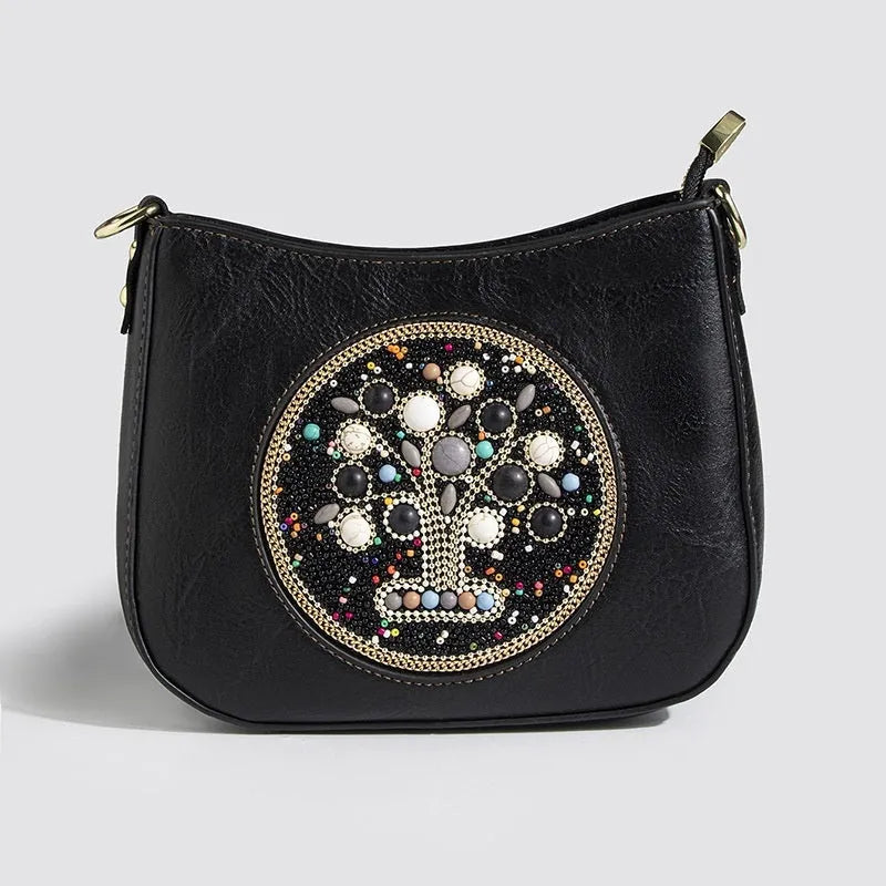 Straw bead turquoise ethnic style tote bucket crossbody bag with flower detail
