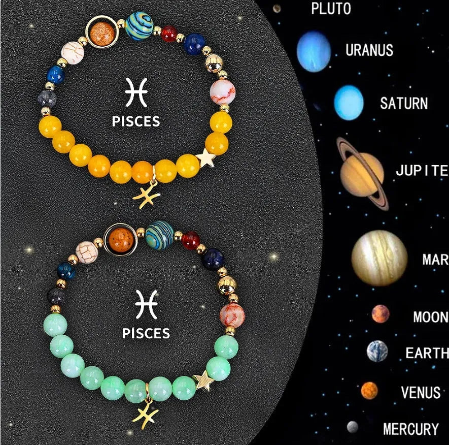 Two natural stone beaded bracelets with Chinese zodiac animal charms on an adjustable cord.