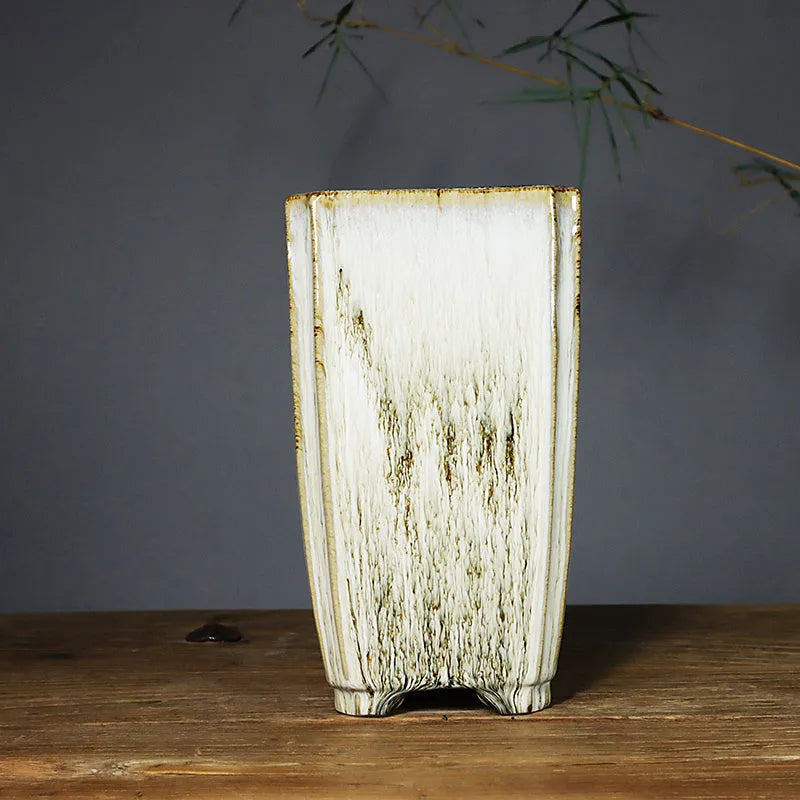 Lingnan Shiwan ceramic glazed light colour square sign tube flowerpot handmade fired