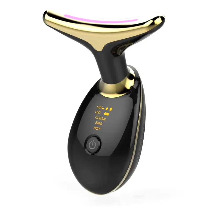 EMS thermal microcurrent neck lifting massager device with LED lights on a white background.