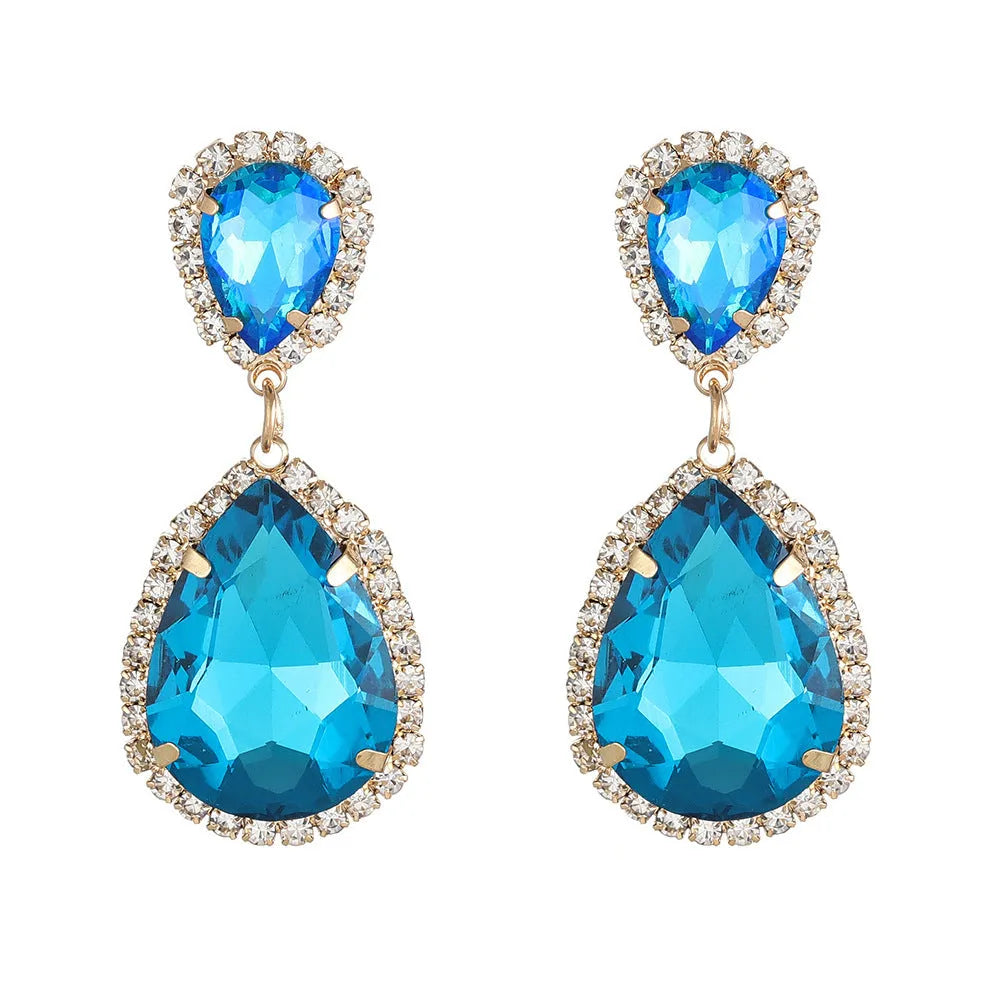 Multi-layer drop-shaped glass rhinestone metal alloy earrings for women in rose red, champagne, and blue