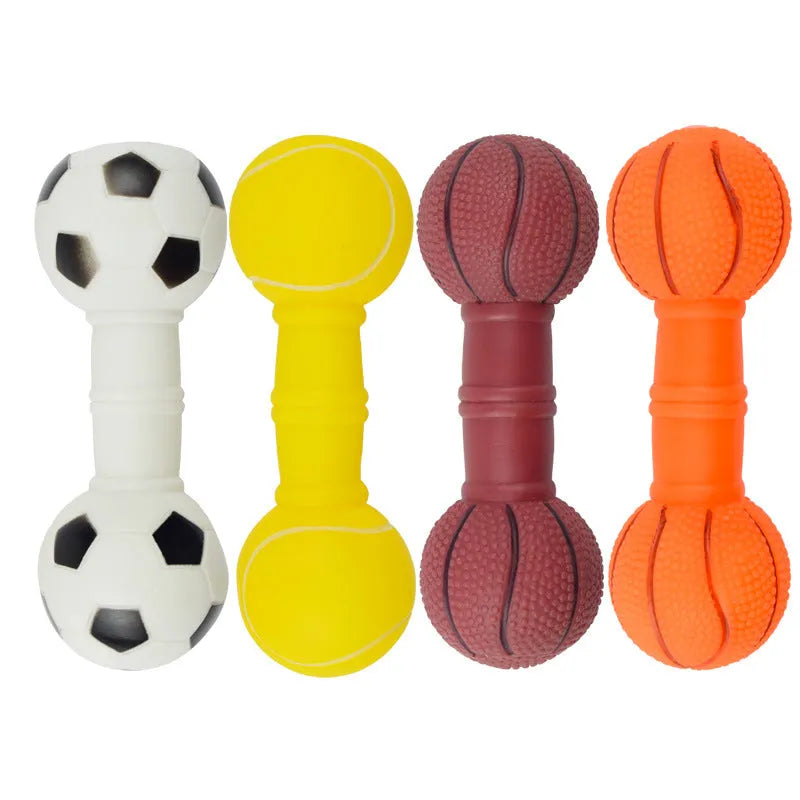 Football dumbbell shaped dog chew toy with squeaker in brown, orange, white, and yellow colour options.