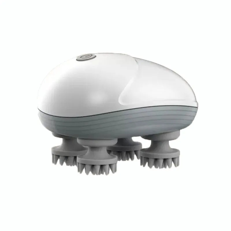 Blue electric pet massager with four rotating heads held in hand next to cat