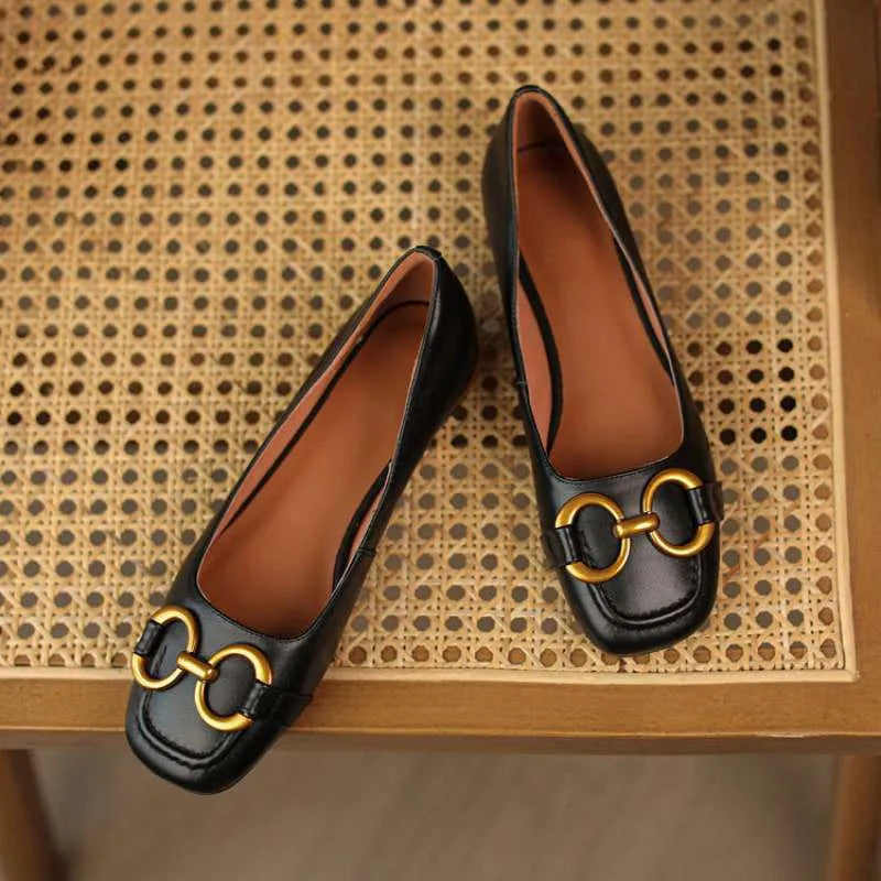 Women's black Wanwan Lei style square toe low heel pumps with shallow mouth and elasticated heel tab.