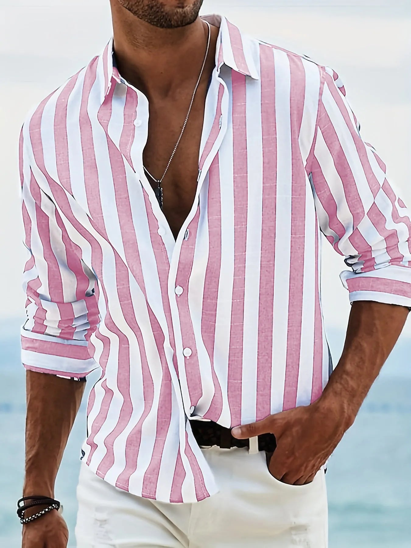 Men's yarn-dyed striped loose long-sleeved shirt in British style polyester fabric