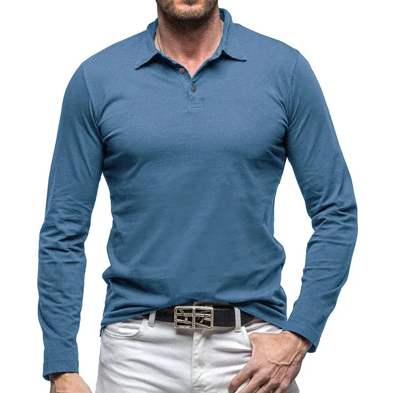 Men's long sleeve cotton t-shirt with a polo collar in an American retro style, shown in Dark Grey.