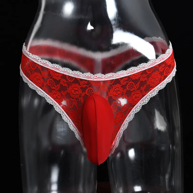 Men's lace underwear with vertical bag egg design in low-waist triangle briefs