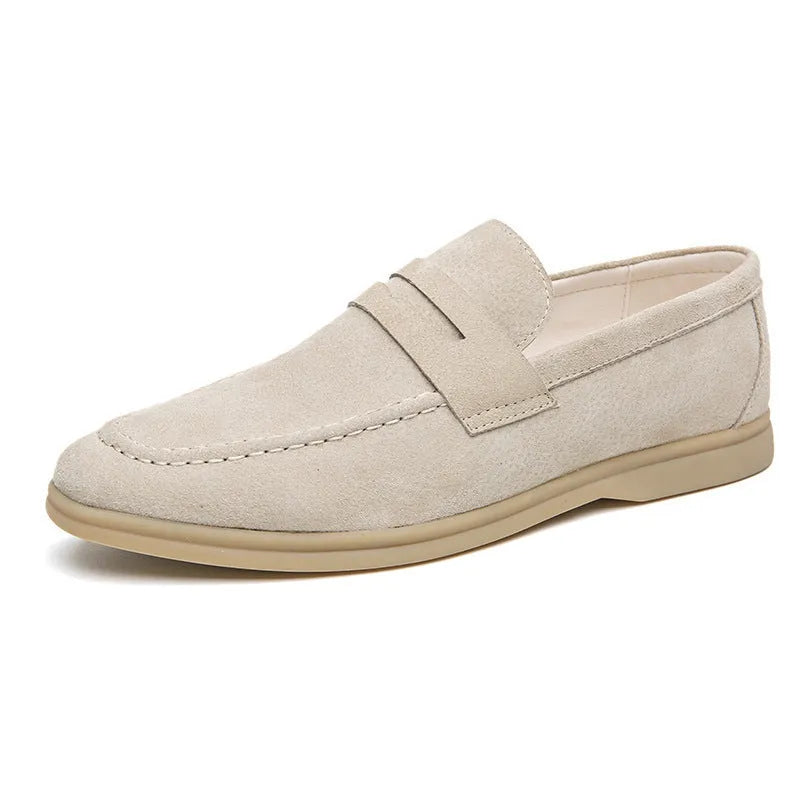 Men's leather slip-on casual shoe in beige with round toe and rubber sole