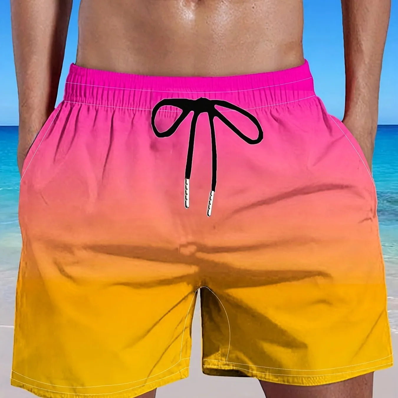 Men's gradient colour 3D digitally printed mesh sports shorts on a size chart.