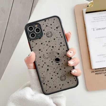Black and white Star Universe iPhone case shell shown next to compatible iPhone models like XR, 12, and 13.