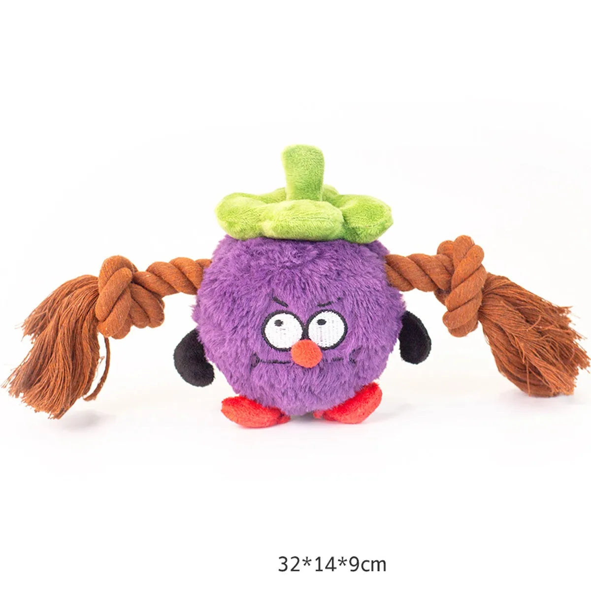 Green interactive plush rope knot dog toy shaped like a bb with molar tooth texture for tug of war.
