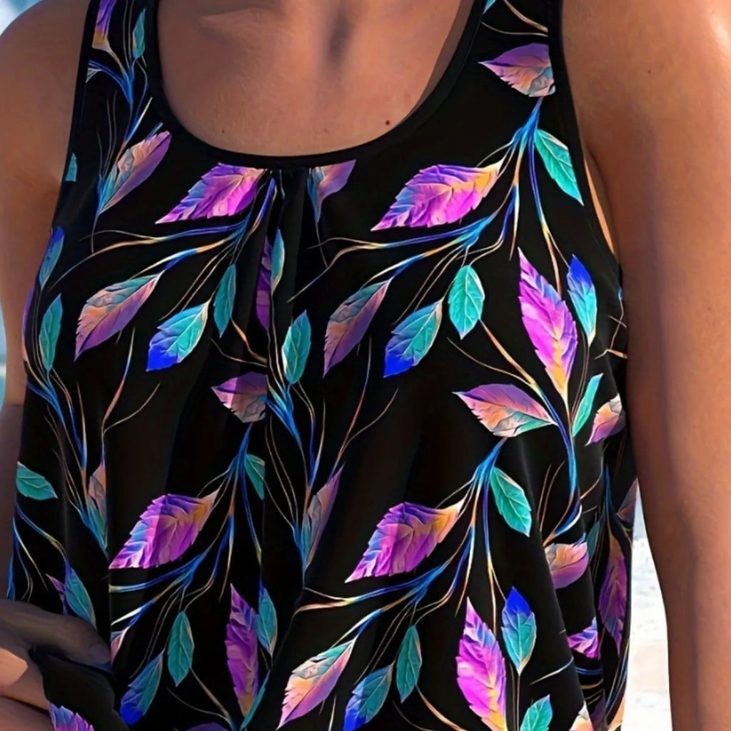Women's leaf design two-piece swimsuit in a solid colour, sizes 1XL to 4XL.
