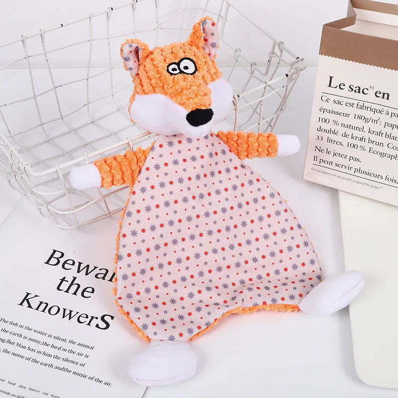 Brown velvet pet toy with fox and elephant designs containing sound paper for dogs and cats