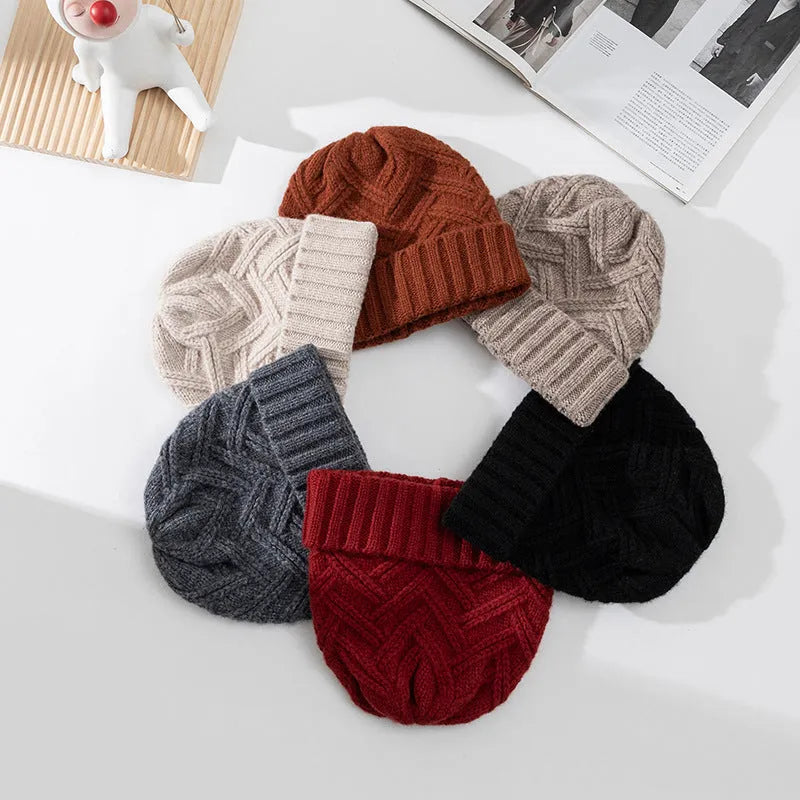 Wool knitted women's hat with dome crown in ankela red colour showing knitted texture
