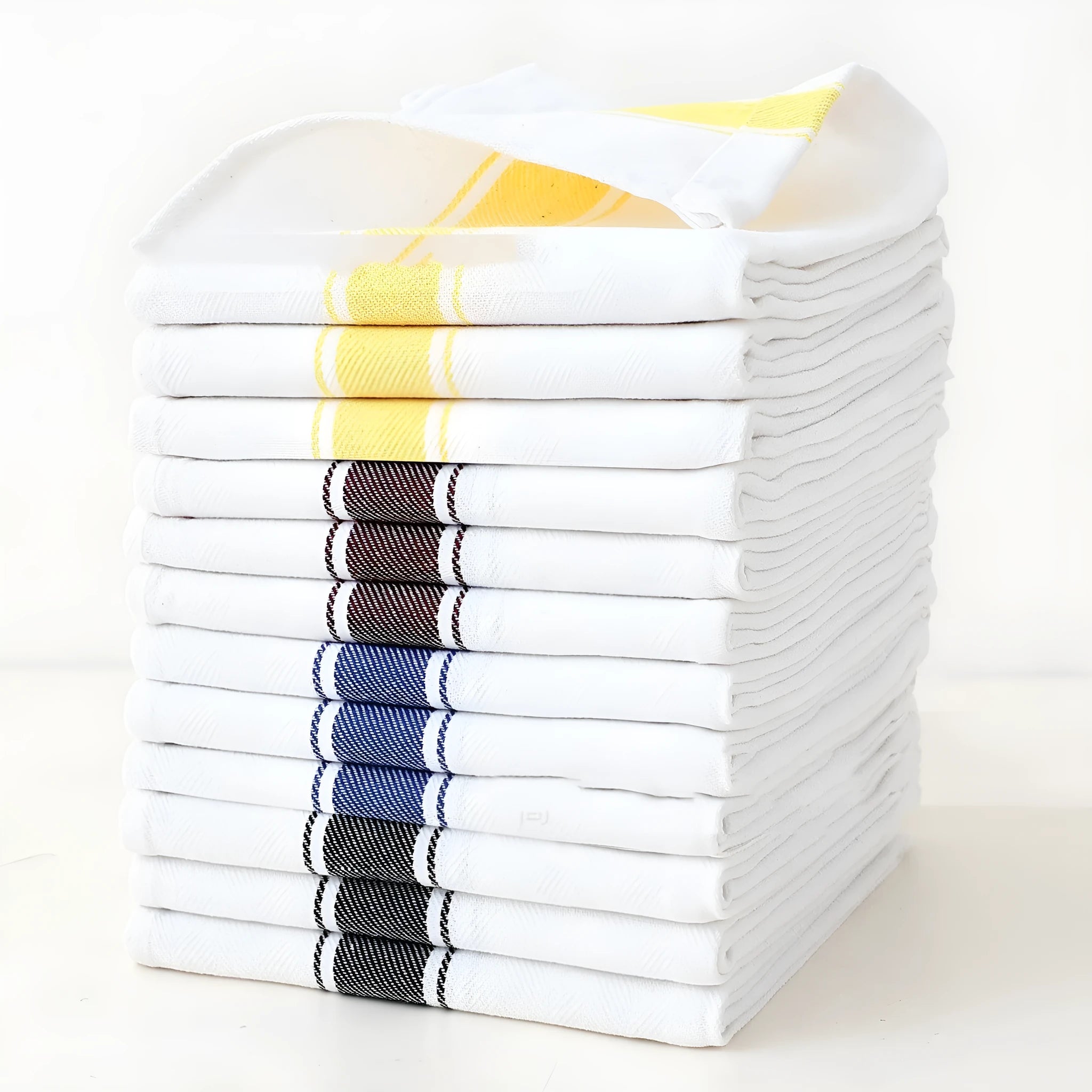 Set of twelve striped cotton dish towels in assorted colours, shown flat to display 48x70cm size.