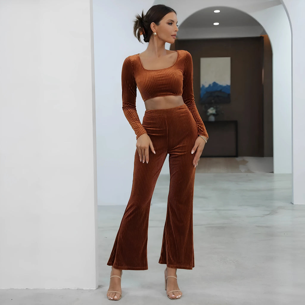Caramel coloured long sleeve sweater set with matching trousers