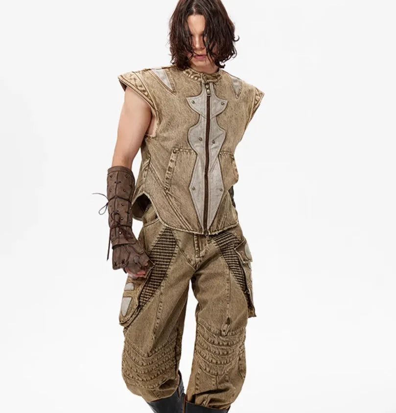 Summer Dark Knight pleated vest in cotton denim fabric, picture colour, front view