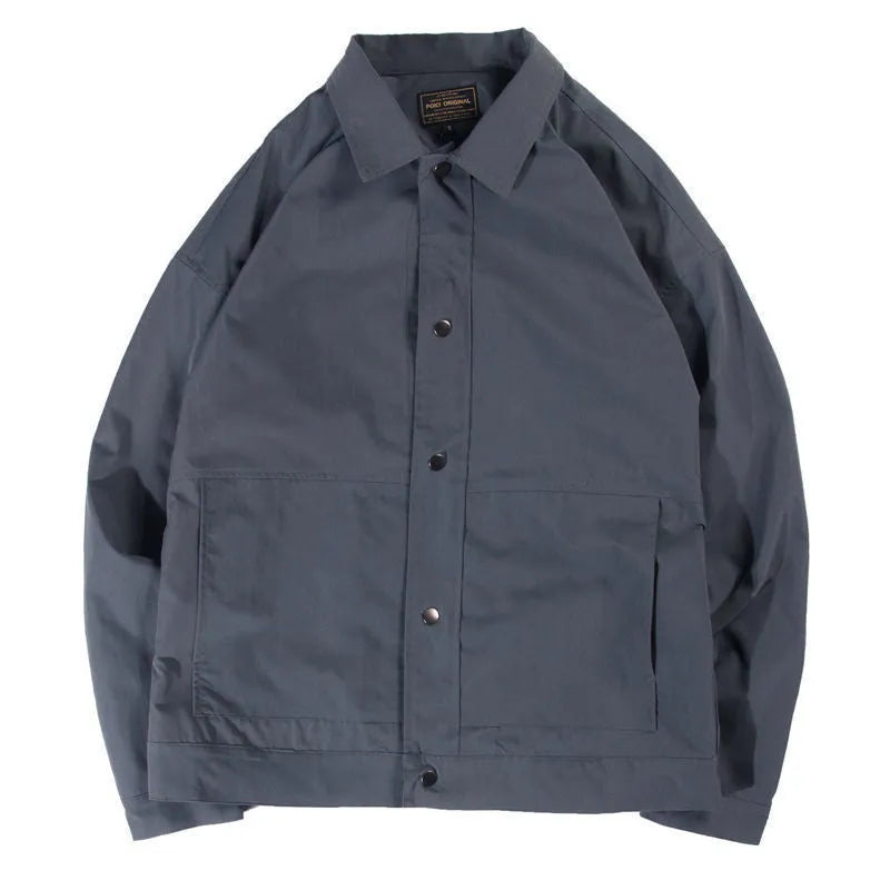 Korean style men's thin single-layer polyester jacket in light grey, showing front view.