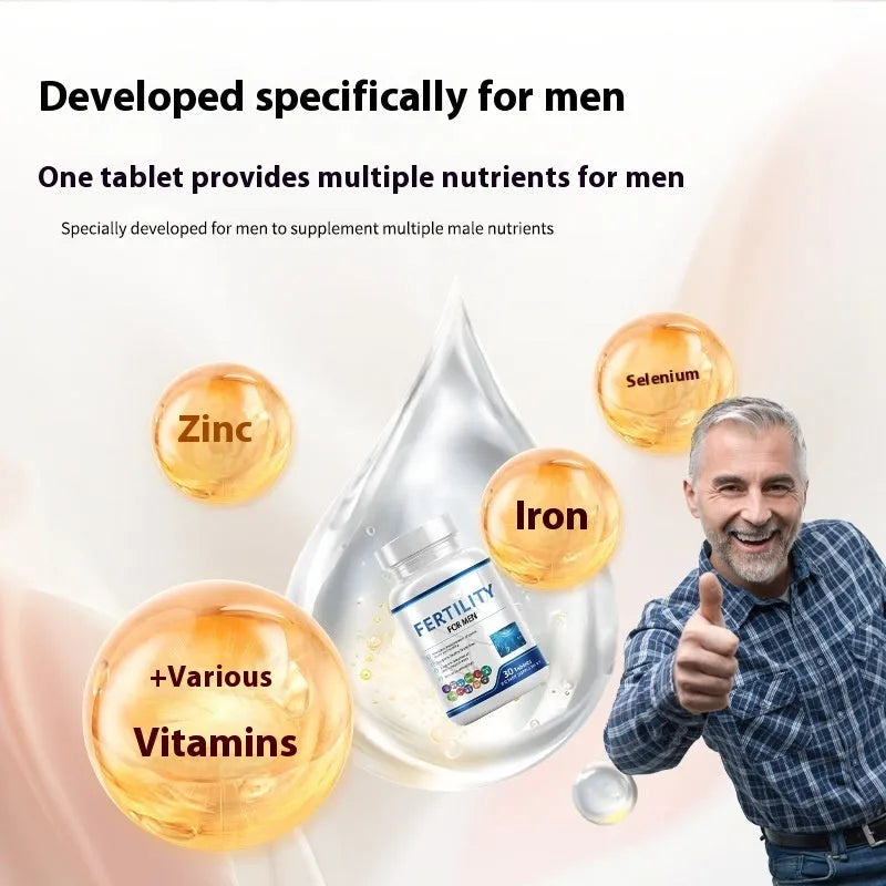 Sealed bottle of Male Fertility Tablets containing 60 tablets with COMLEX vitamin mineral amino acids formula.