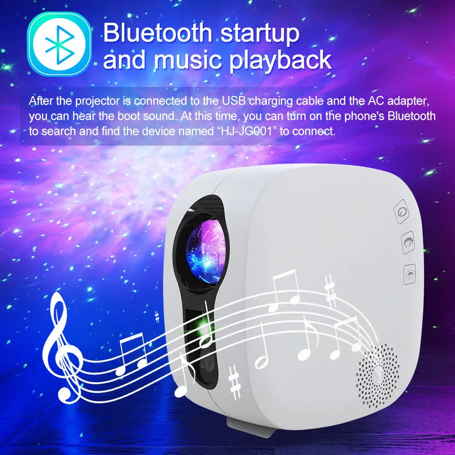 Laser starry sky projection lamp showing nebula and moon patterns with Bluetooth music playing